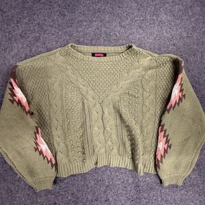 Rock & Roll Denim Women Sweatshirt L Green Geometric Western Cable Knit Long